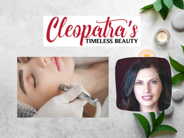 Photo of microdermabrasion, Mary Harding and Cleopatra's Timeless Beauty logo