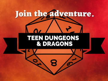 Red-orange 20-sided die with program title in a black banner