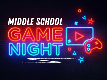 Neon red, white, and blue text over black background with stars and shapes