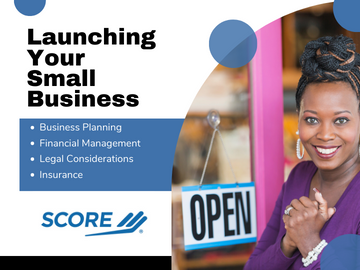 photo of woman in front of open business sign and title of program