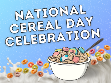 Program name in white letters over blue background with cereal bowl and milk graphics