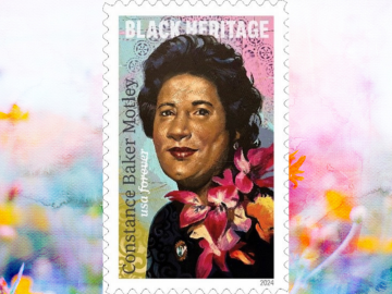photo of Constance Baker Motley's stamp with a watercolor background