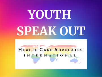 Rainbow colored background with Health Care Advocates logo and program title