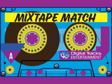 graphic of a blue cassette tape with the title "mixtape match" on it