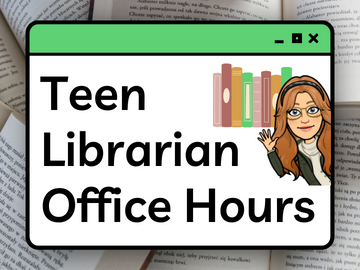 program name in black letters over white background with books and librarian's bitmoji