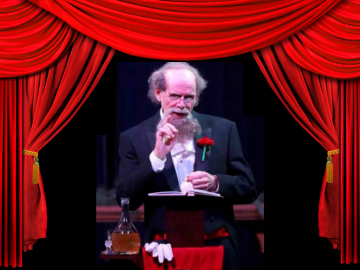 photo of Ken Nolls dressed as Charles Dickens with a stage background