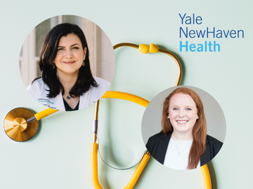 photos of Dr. Lustberg and Dr. Merkel with Yale New Haven Health Logo on top of an image of a yellow stethoscope