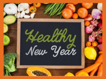 Healthy New Year Sign with Fruits and Vegetables 