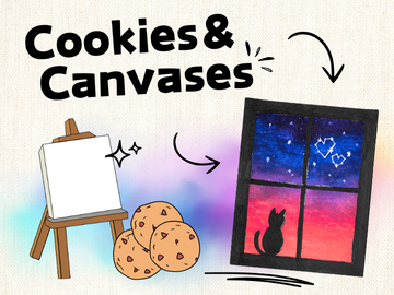 Program name in black letters with graphic of easel, cookie, and painted canvas