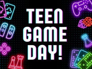 Program name in white letters over black background framed by neon graphics of game controllers, dice, and cards