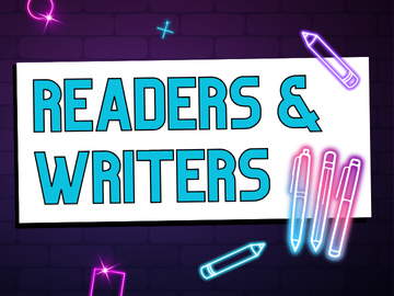 Program name in blue letters over white and purple background with neon graphics of pens.