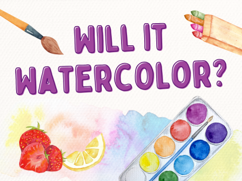 Program name in purple letters over a white background with various images of watercolor art supplies