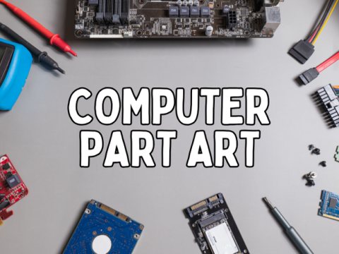 Program name in white letters over a gray background. Deconstructed computer parts circle the lettering.