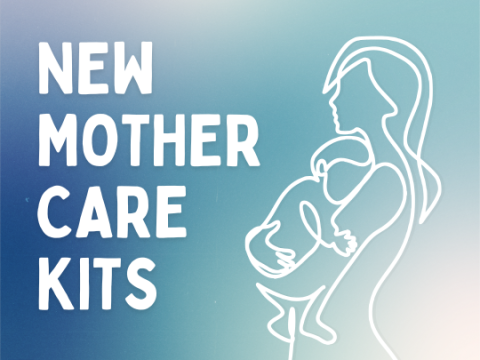 Program name in white letters over a light blue multicolor background with a line drawing of a mother holding a child