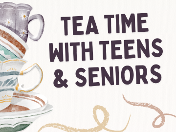 Program name in purple letters with a large image of a stack of painted teacups