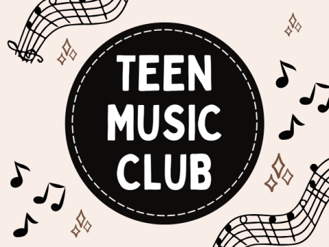 Program name in white letters in a black circle over tan background surrounded by music notes.