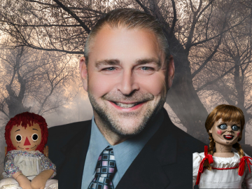 photo of Joe Frank with real and movie Annabel dolls