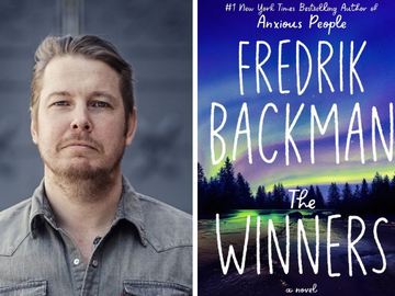 Photo of Fredrik Backman and the book cover "The Winners"