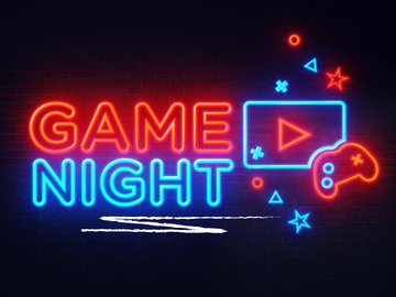 "Game Night" in neon red and blue with game graphics