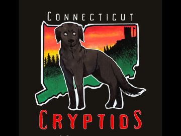 photo of drawn cryptid dog over CT state image with title