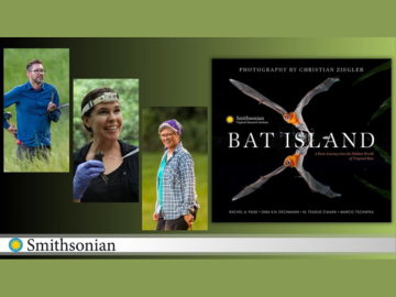 photo of Bat Island book with 3 scientists