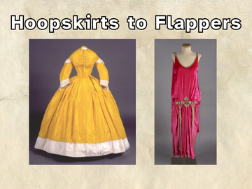 photo of a yellow hoopskirt dress and a red flapper dress with program title