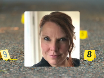 photo of Bridget with a crime scene background