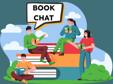 cartoon people sitting on oversized books and talking