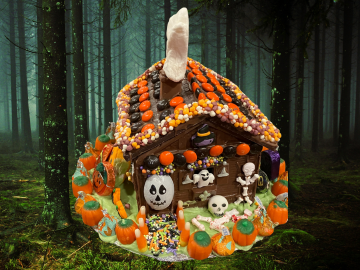 haunted chocolate houses example with creepy forest background