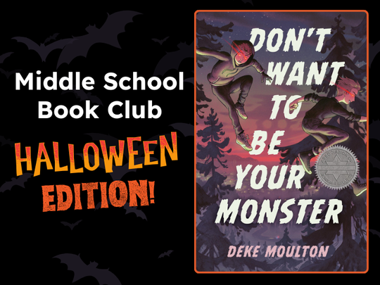 Program name in white letters over black background with an image of the book cover